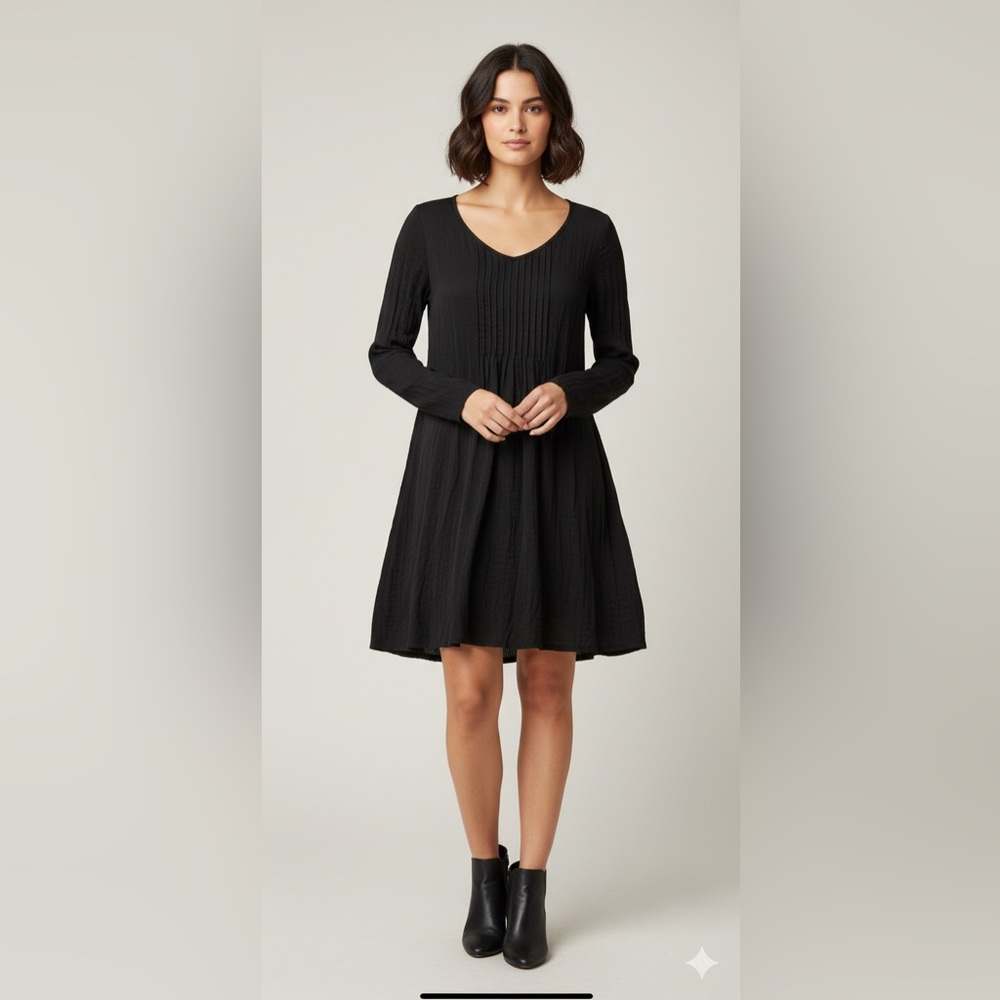 Eileen Fisher 100% Silk Pintuck Tunic Dress Long Sleeve‎ Blouse Women's XS